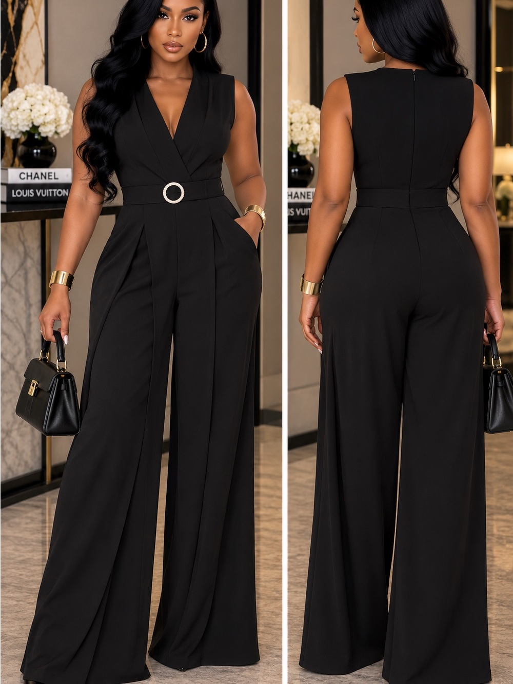 Chic Black Sleeveless Wide-Leg Belted Jumpsuit